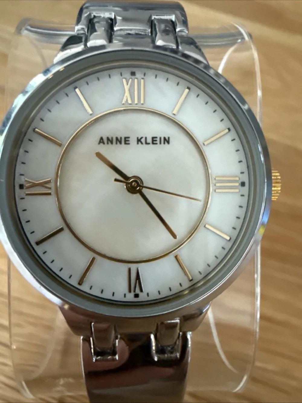 Anne Klein Watch w/ Mother Of Pearl Face. Silver & Gold Tone Adjustable Bracelet